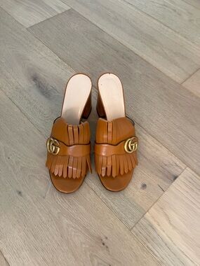 Gucci GG Marmont White Fringe Open Toe Mule Sandals EU 40